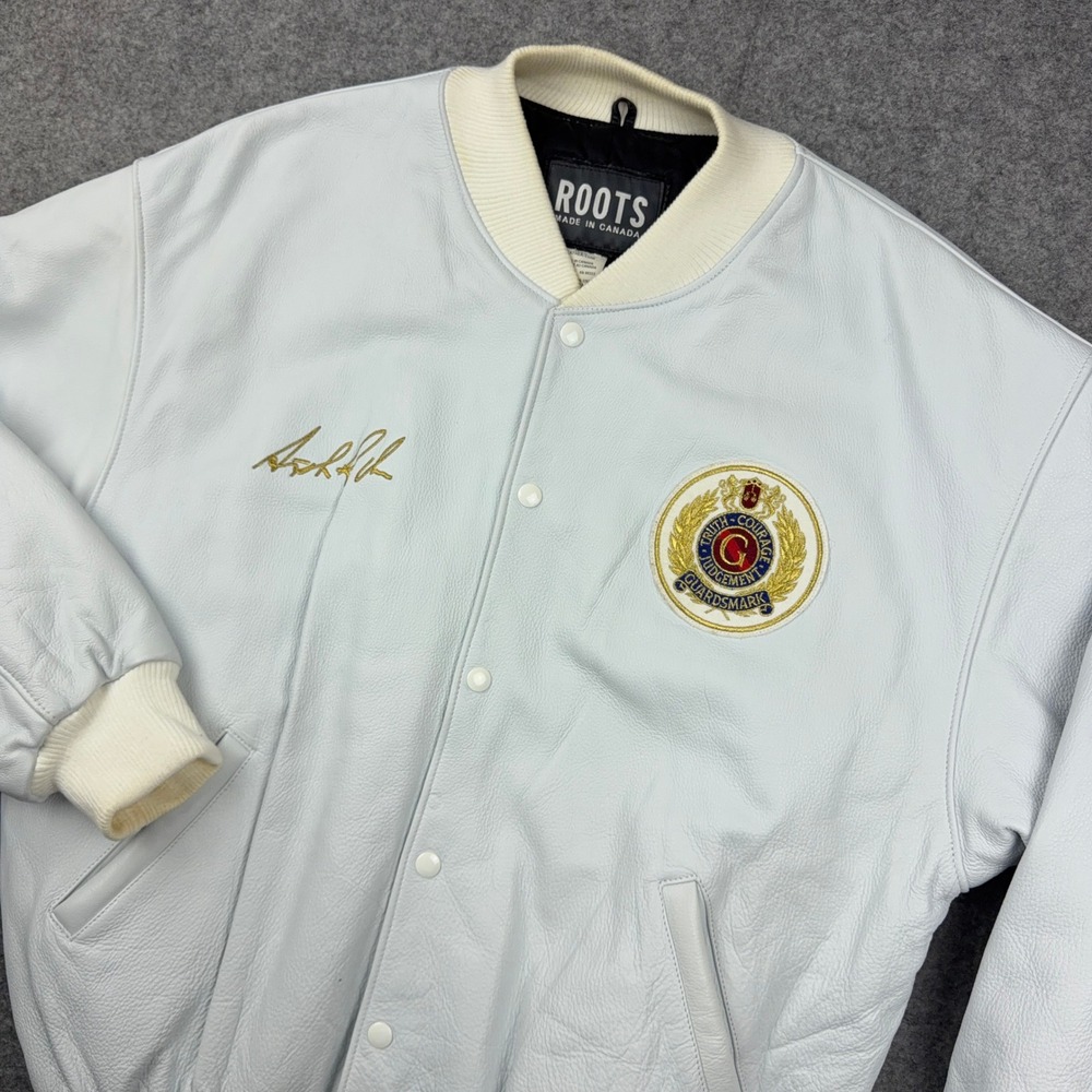 VTG Roots Canada Leather Jacket Men XL Varsity Bomber White Guardsmark Lipman